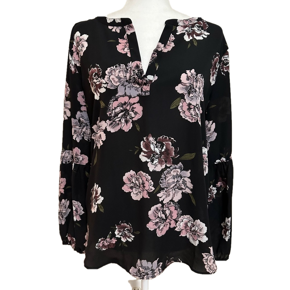 Loft V-Neck Floral on Black Blouse